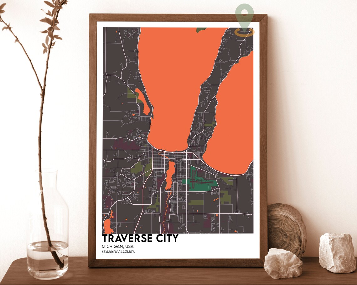 Traverse City Michigan Pink And Navy Street Map Modern City Art Poster - Image 4