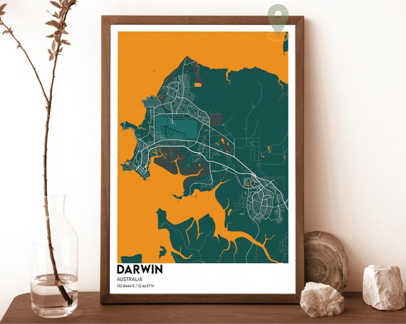 Darwin Australia Teal Orange Harbor Modern City Map Art Poster