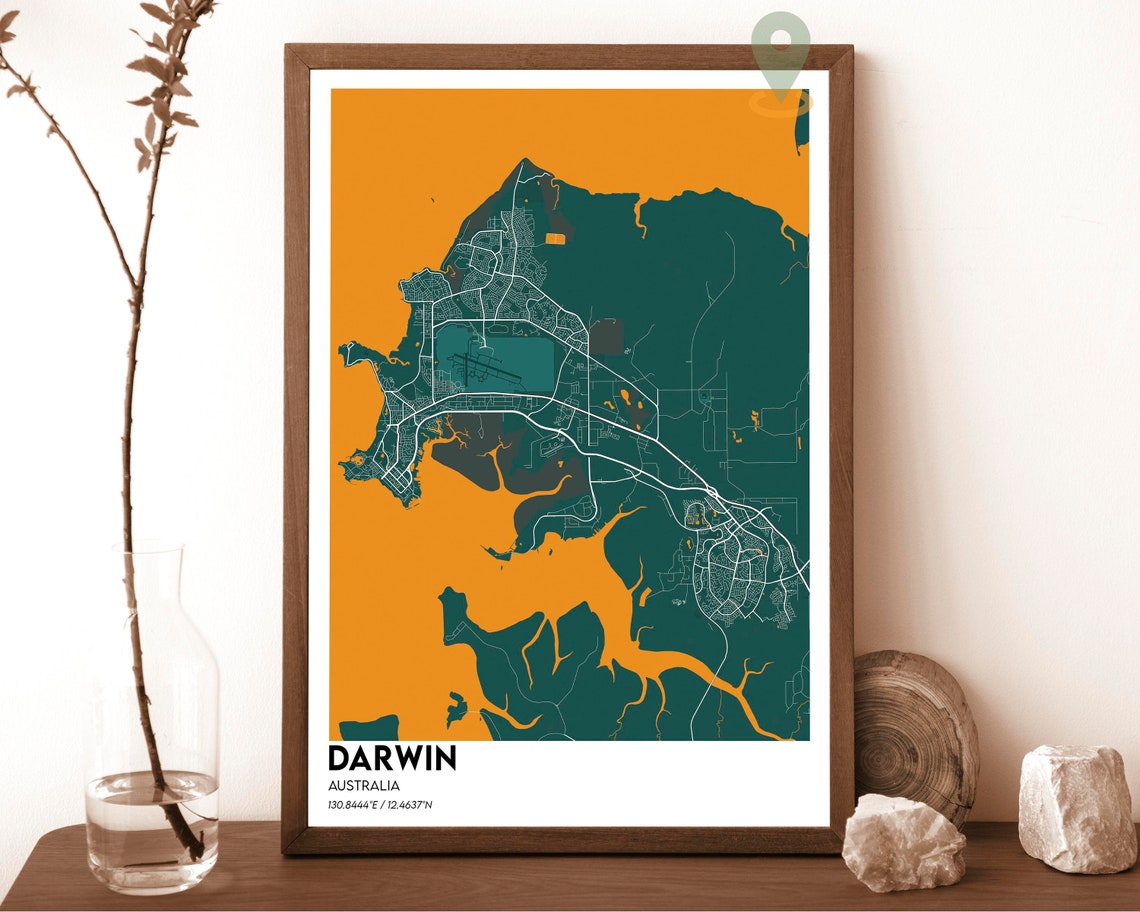 Darwin Australia Teal Orange Harbor Modern City Map Art Poster