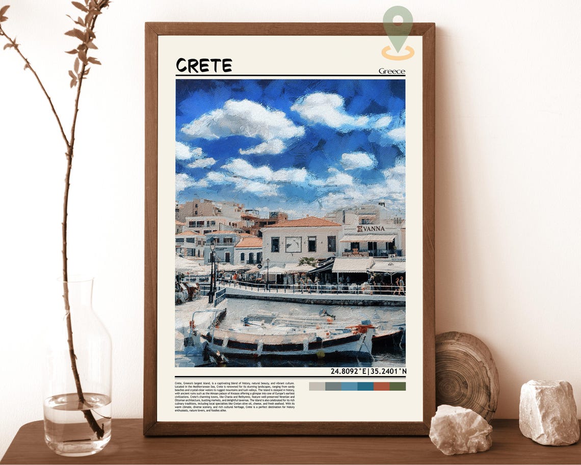 Crete Greece Mediterranean Island Harbor Painted Travel Poster