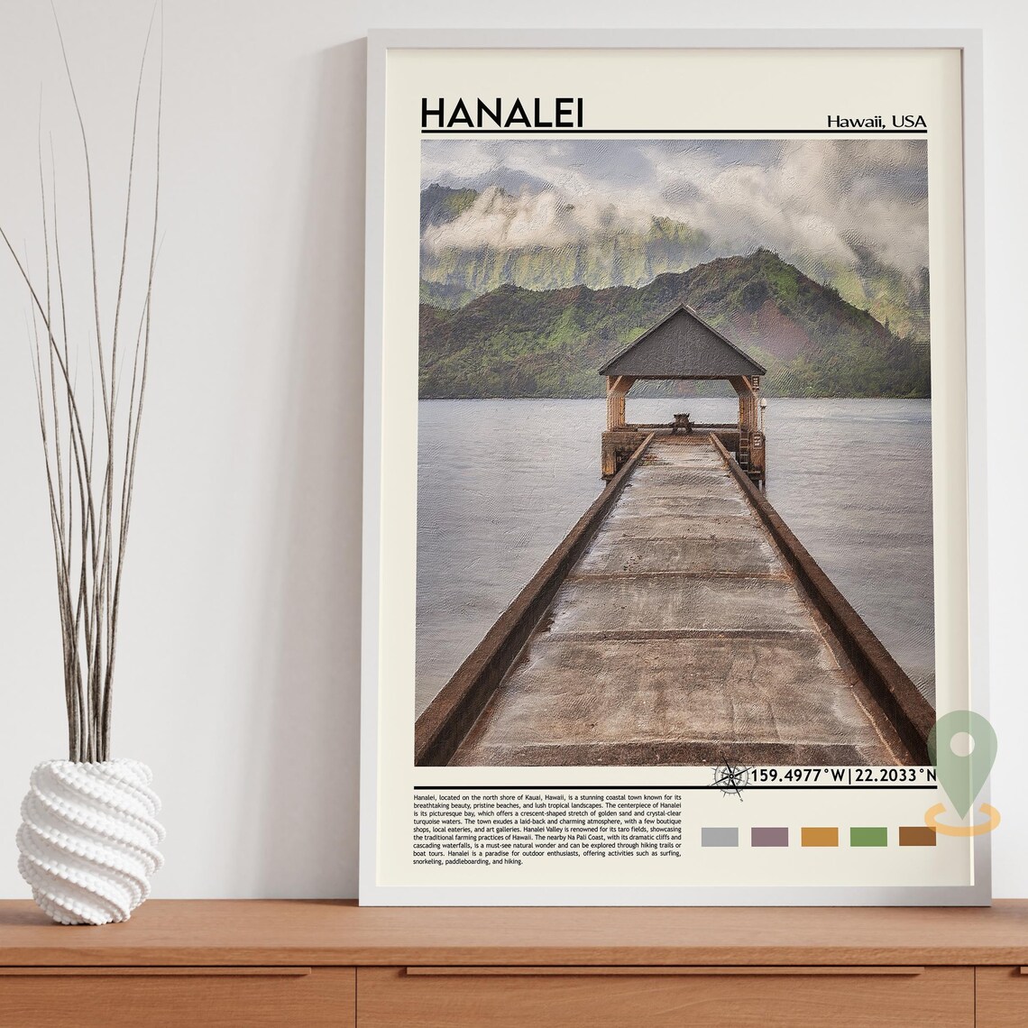 Hanalei Hawaii Kauai Pier Mountains Misty Coastal Travel Poster - Image 3