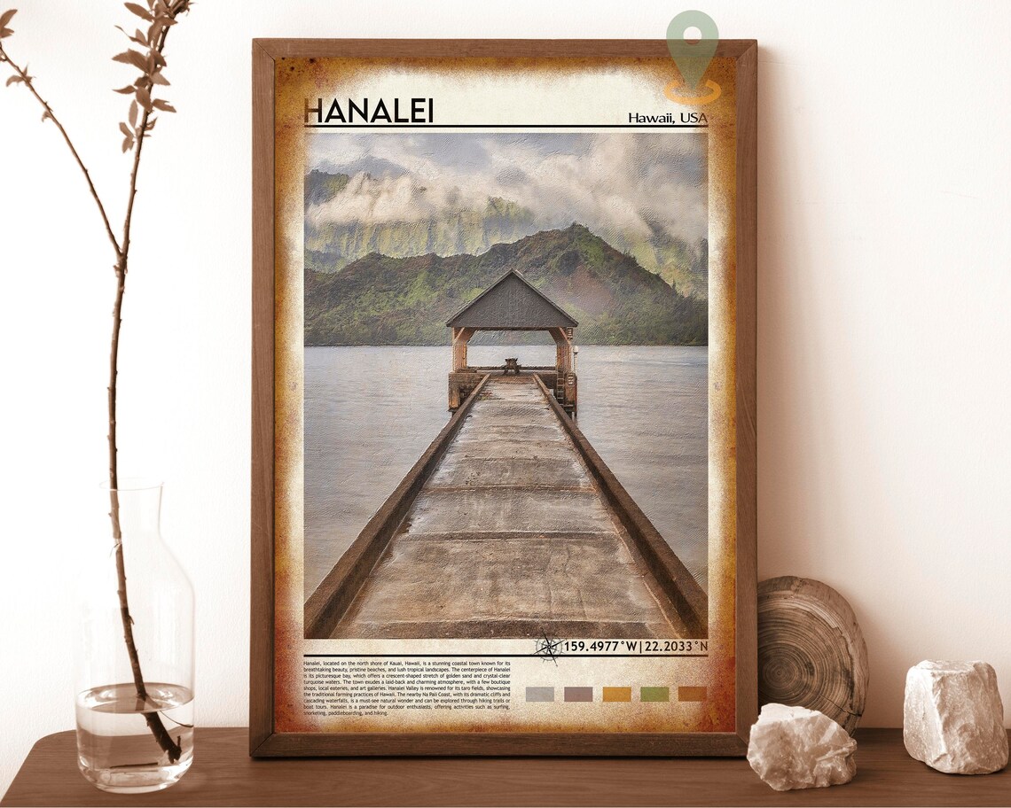 Hanalei Hawaii Kauai Pier Mountains Misty Coastal Travel Poster - Image 6
