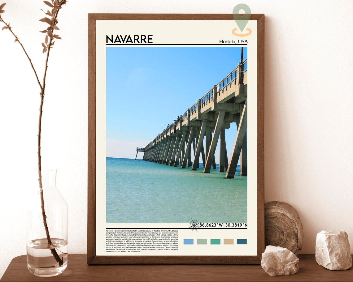 Navarre Florida Fishing Pier Emerald Water Vintage Travel Poster