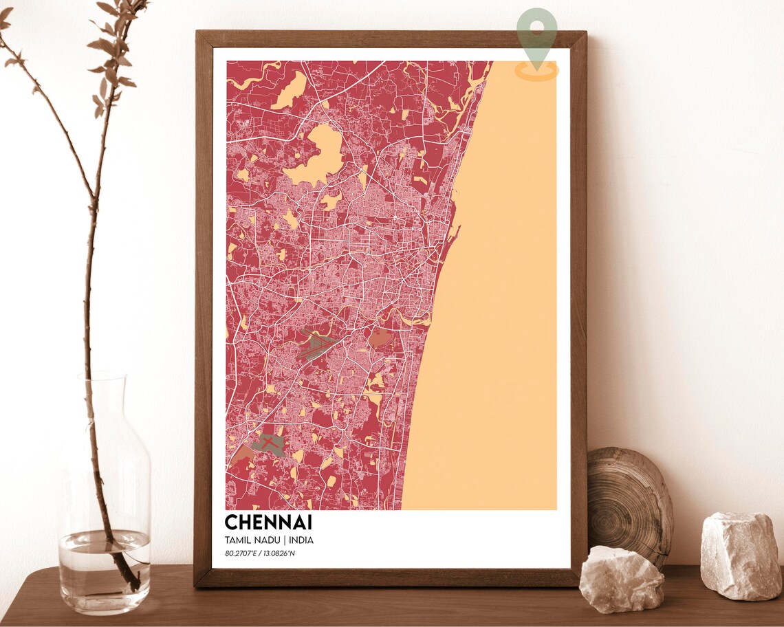 Chennai India Coastal Street Map Charcoal Orange Bay of Bengal Art Print - Image 4