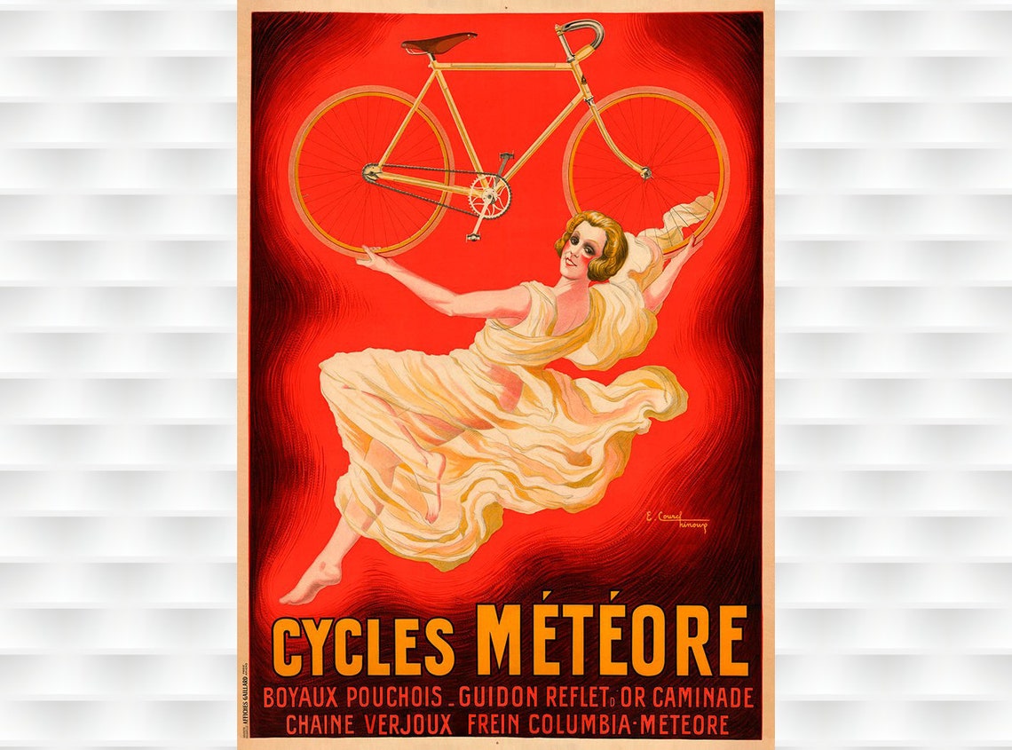 Cycles Meteore Golden Bicycle Dancing Woman Red French Vintage Poster