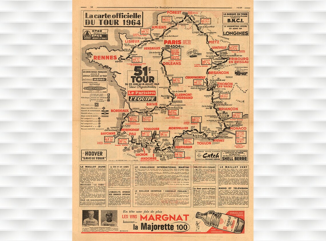 Tour De France 1964 Official Route Map 51e Tour Vintage Cycling Poster