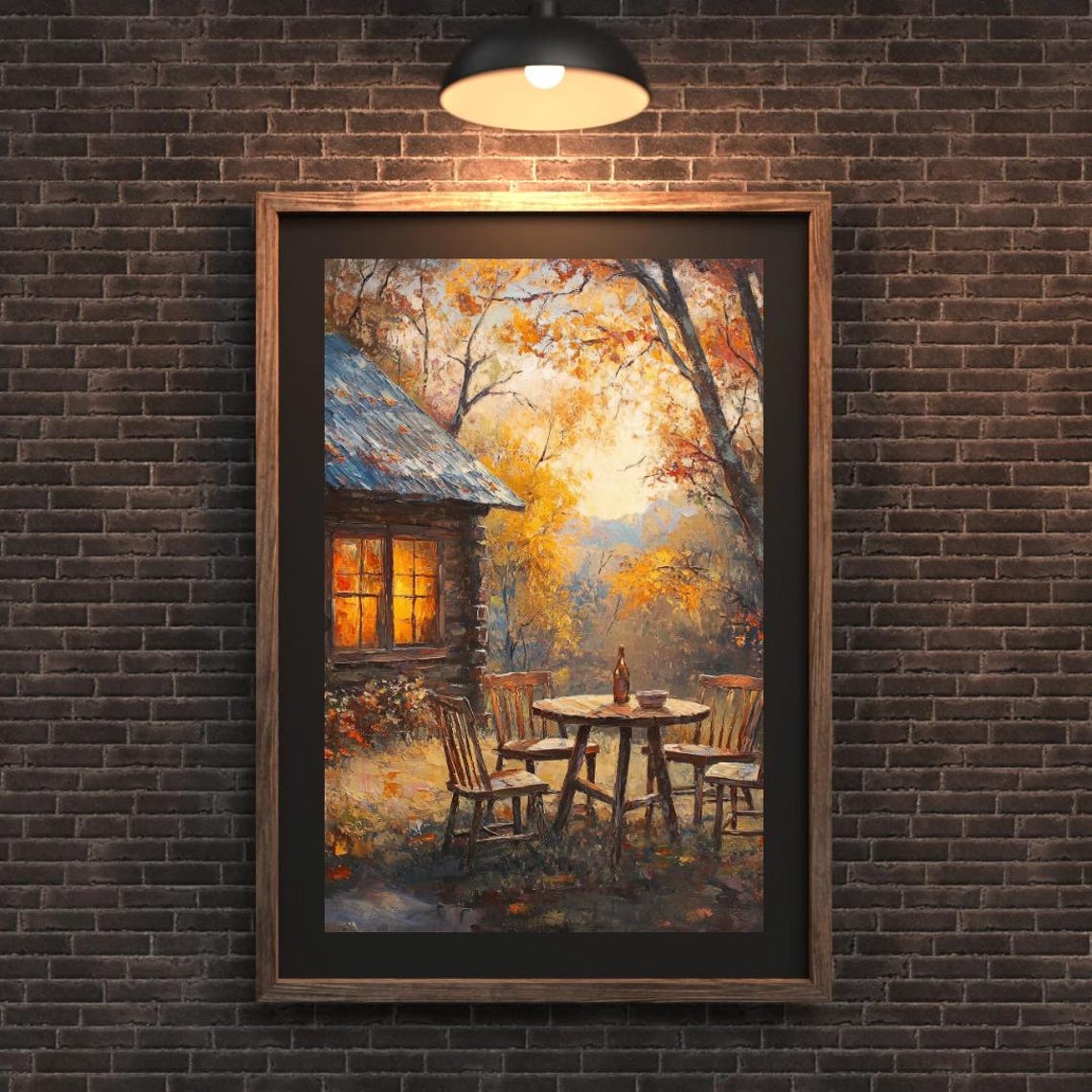 Cozy Log Cabin At Dusk With Glowing Window And Autumn Trees Art Print - Image 3