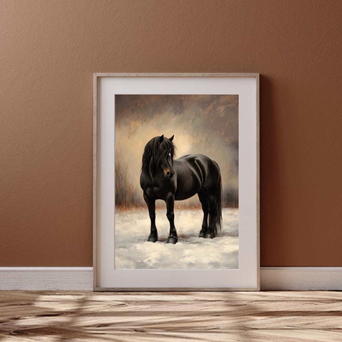 Majestic Black Draft Horse Standing In Snow Moody Winter Wildlife Art Print - Image 4
