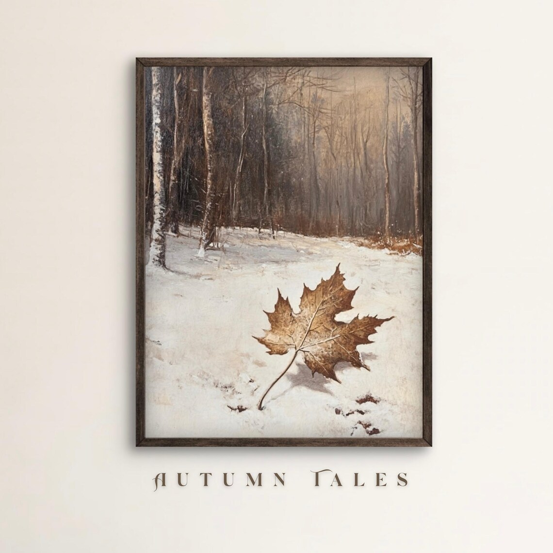 Vintage Winter Forest Maple Leaf Snow Print