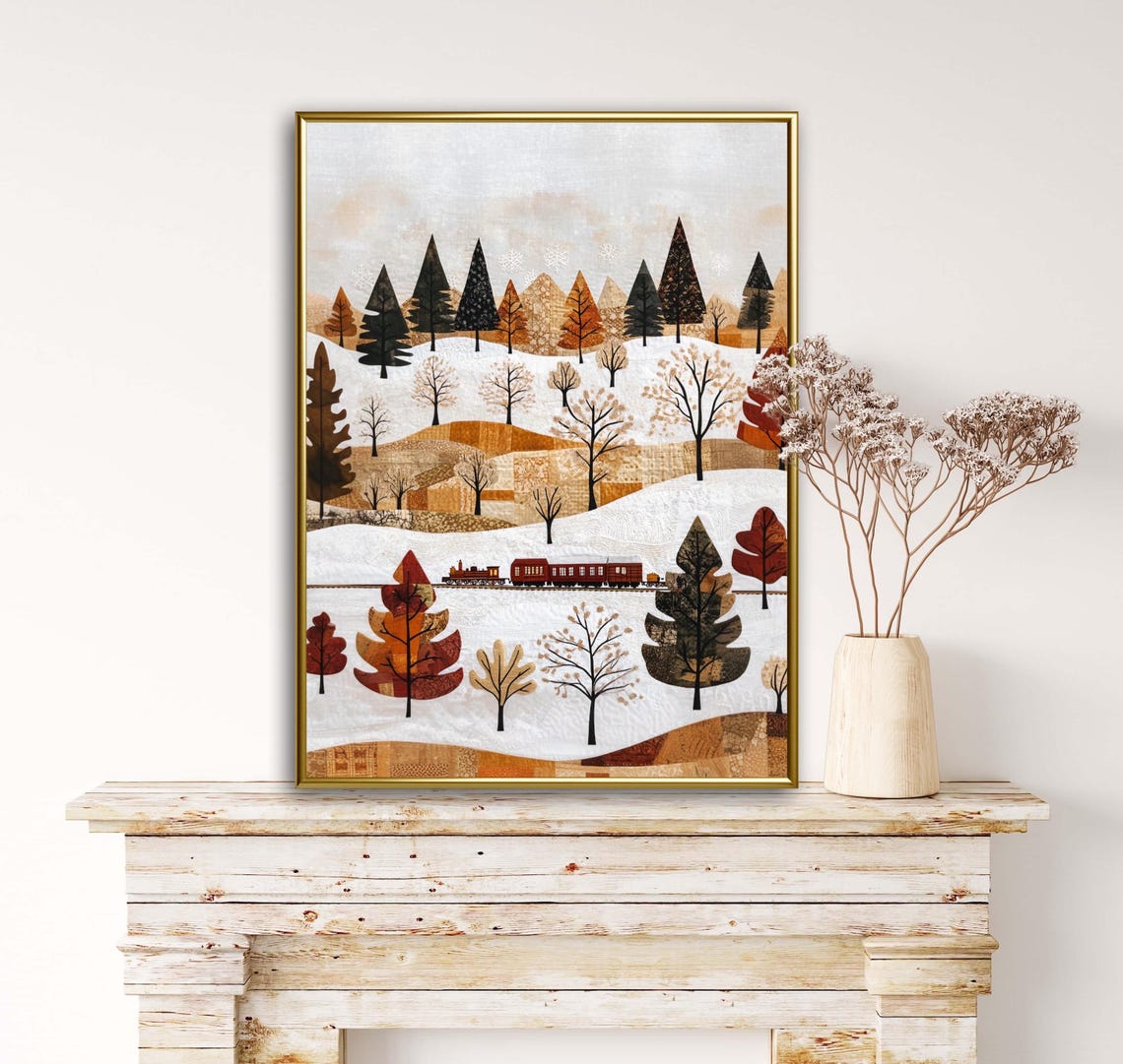 Folk Patchwork Train Snowy Hills Autumn Trees Christmas Poster - Image 6