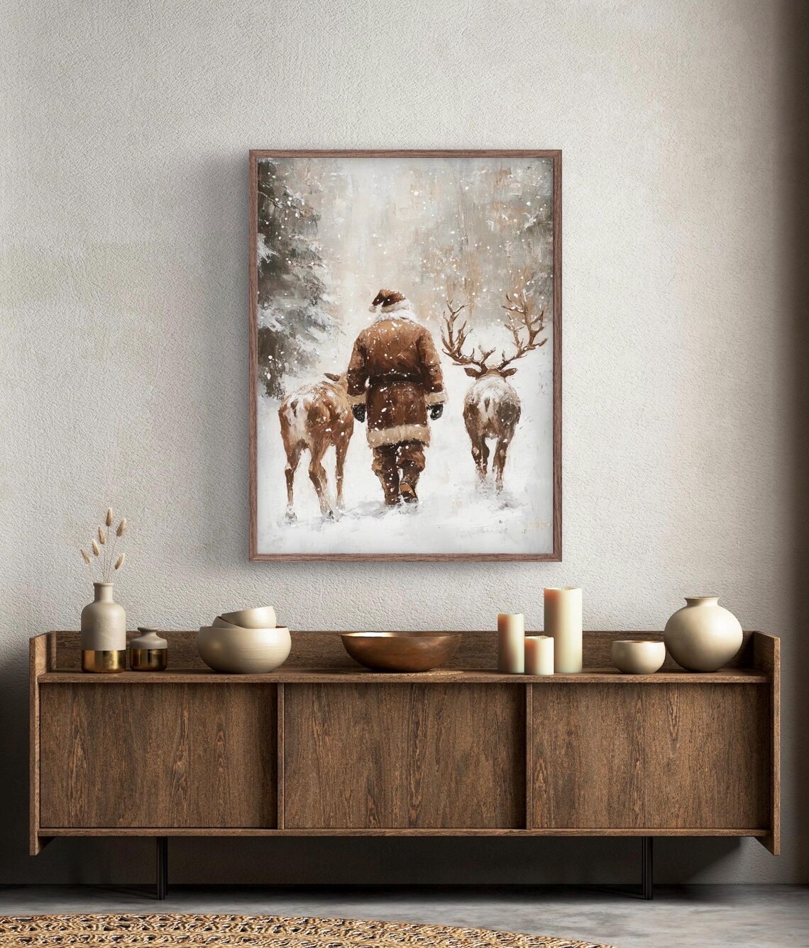 Santa And Reindeers Winter Landscape Art Print - Image 3