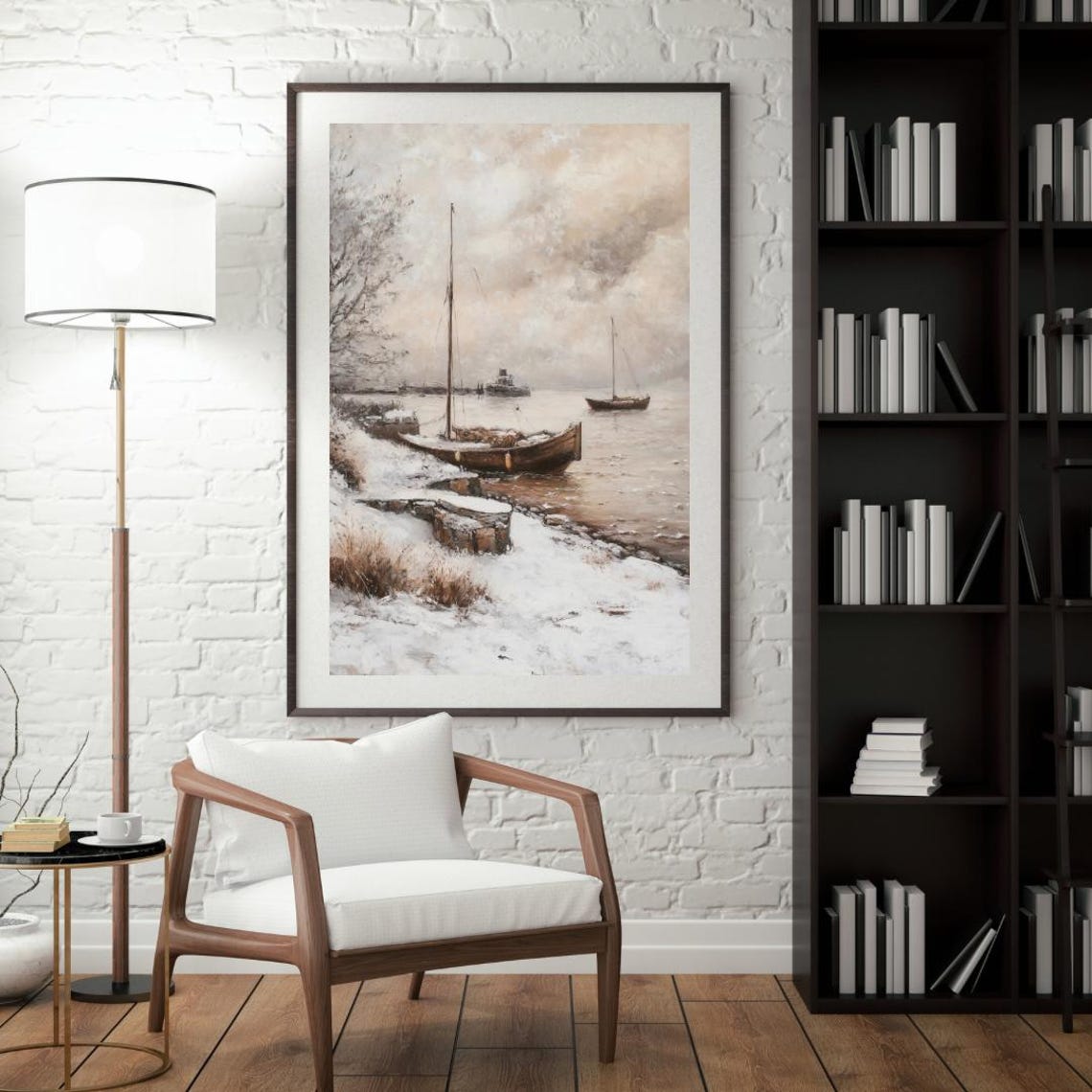 Snowy Lakeshore Sailboat Winter Moody Coastal Scene Art Poster - Image 4