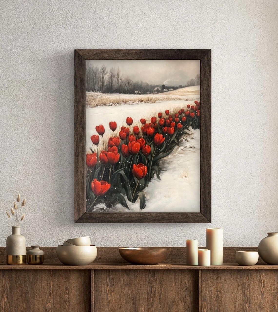 Red Tulips Blooming In Snowy Field Winter To Spring Floral Art Wall Poster - Image 4