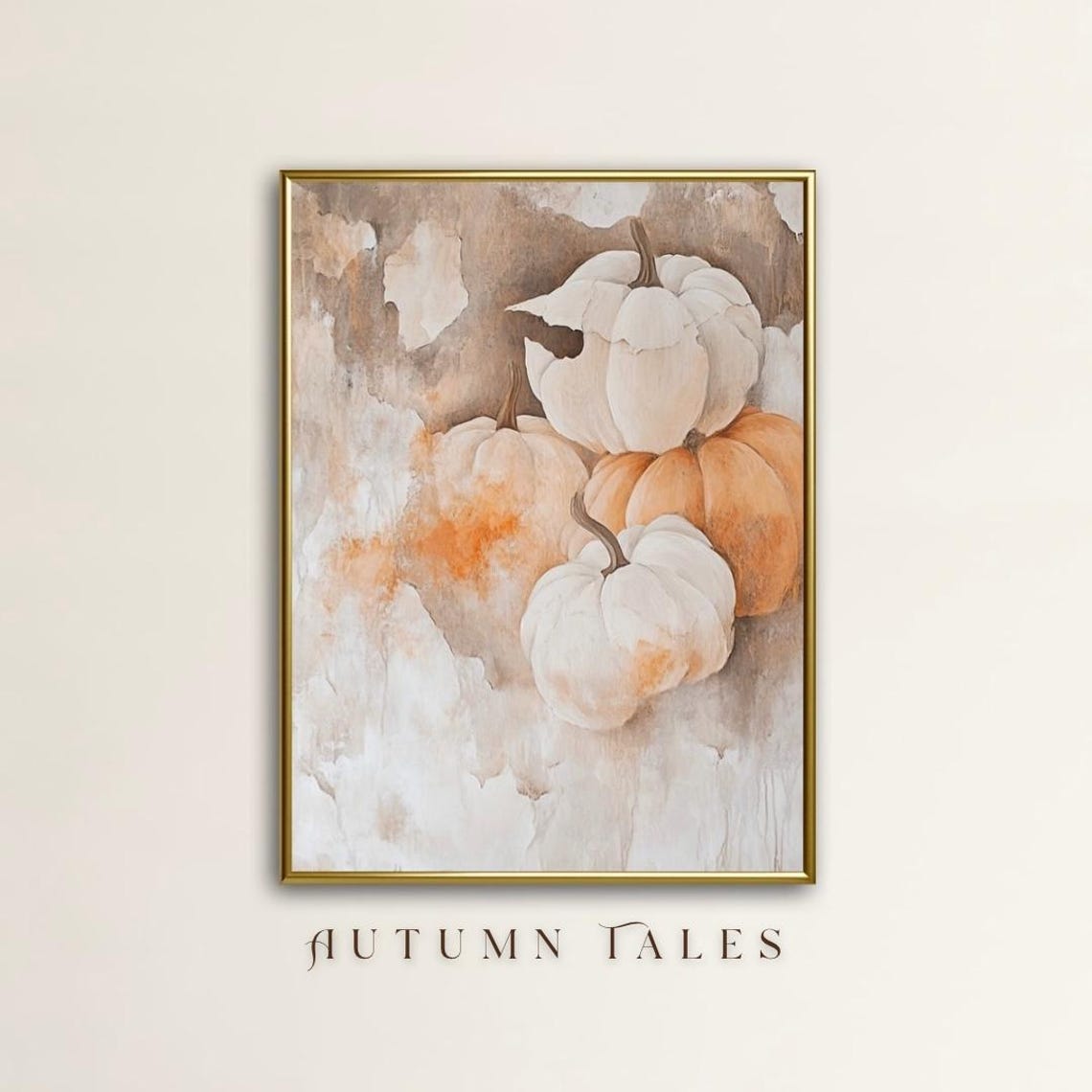 Autumn Tales Pumpkin Stack White Orange Fall Harvest Art Poster