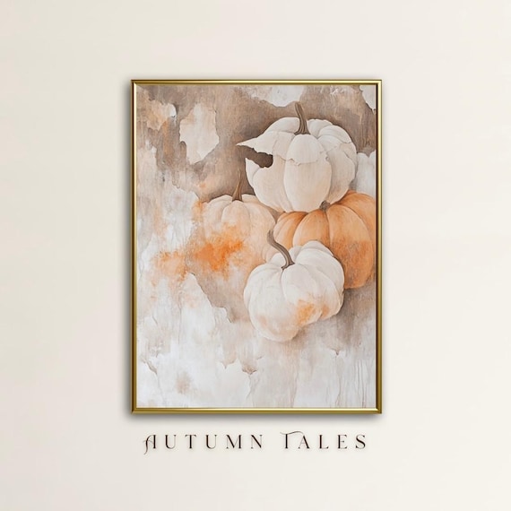 Autumn Tales Pumpkin Stack White Orange Fall Harvest Art Poster