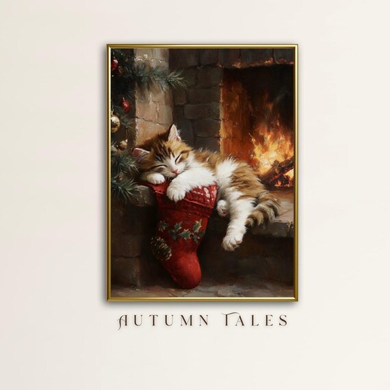 Christmas Wall Art Print Cute Kitten Sleeping On Red Stocking By Fireplace Cozy Moody Home Decor Animal Art Cat Wall Art