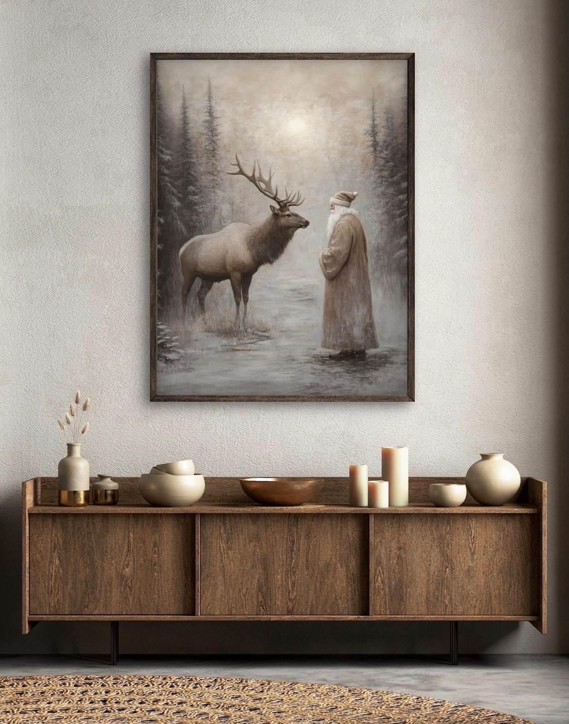 Moody Santa Reindeer Christmas Forest Snowfall Art Print - Image 3
