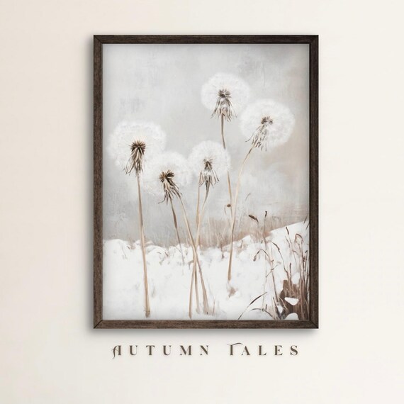 White Dandelions In Snow Wall Art Print Winter Spring Sesosnal Wall Decor Moody Minimalist Farmhouse Botanical