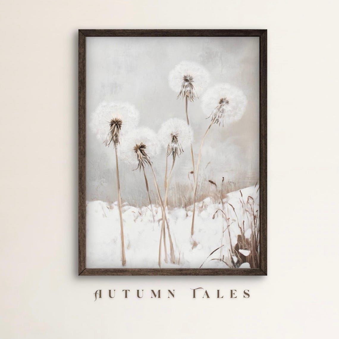 White Dandelions Snowy Winter Seed Heads Minimalist Art Poster