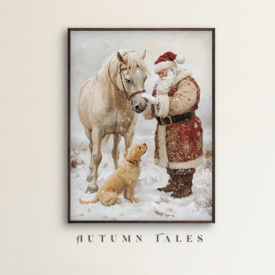 Vintage Christmas Santa, Horse and Retriever Art Print