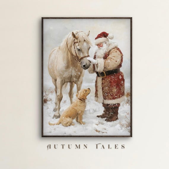 Vintage Christmas Santa, Horse and Retriever Art Print