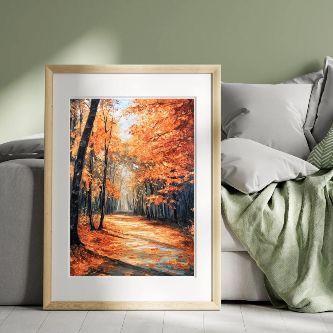Fiery Vibrant Orange Autumn Forest Path Oil Painting Art Print - Image 4
