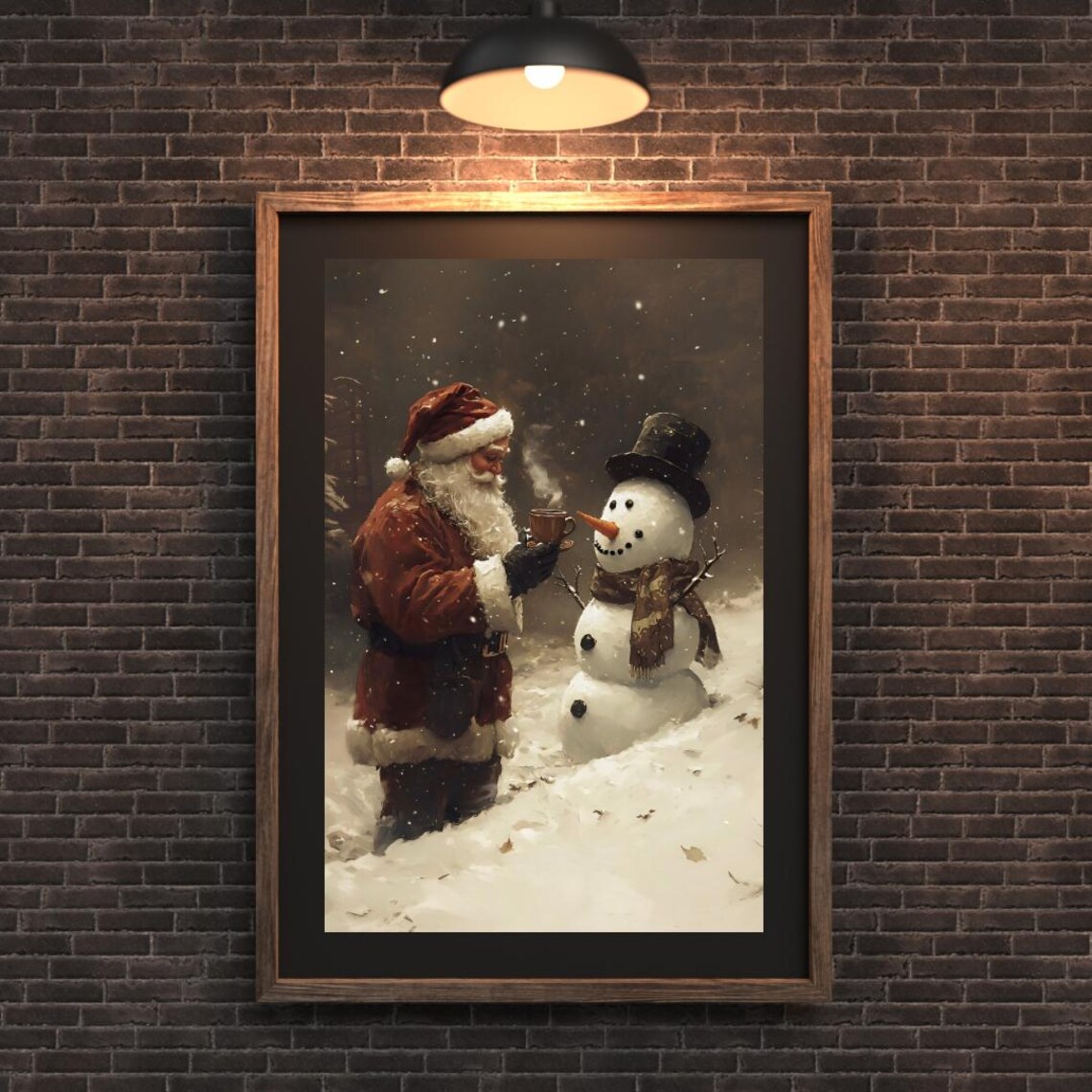 Cozy Christmas Santa and Snowman Vintage Holiday Art Print - Image 6