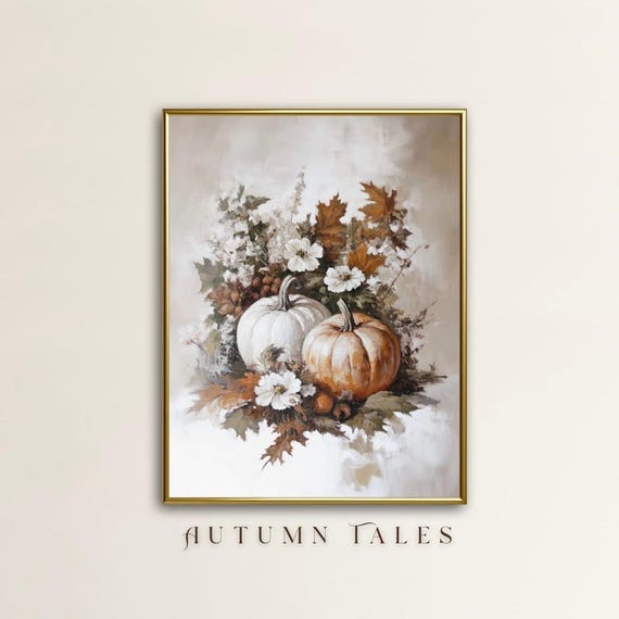 Pumpkin Patch Fall Wall Art Print Autumn Farmhouse Kitchen Decor Moody Floral Wildflowers And Pumpkin Oil Painting