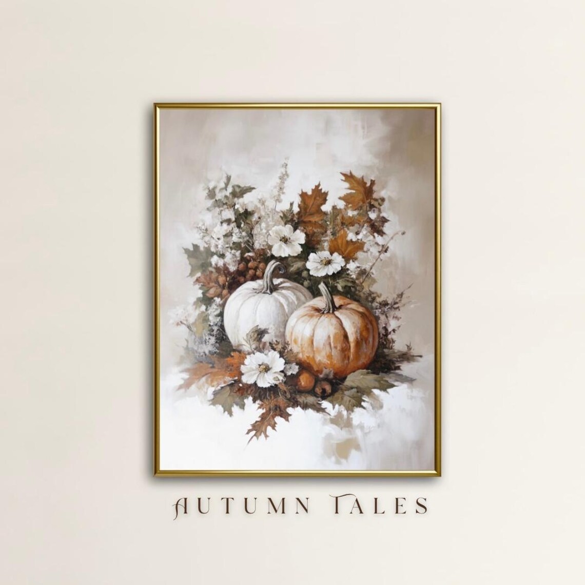 White and Orange Pumpkins With Wildflowers Bouquet Autumn Style Wall Art