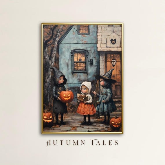 Halloween Home Decor Wall Art Trick Or Treat Cute Kids In Witchy Halloween Costumes With Pumpkins Spooky