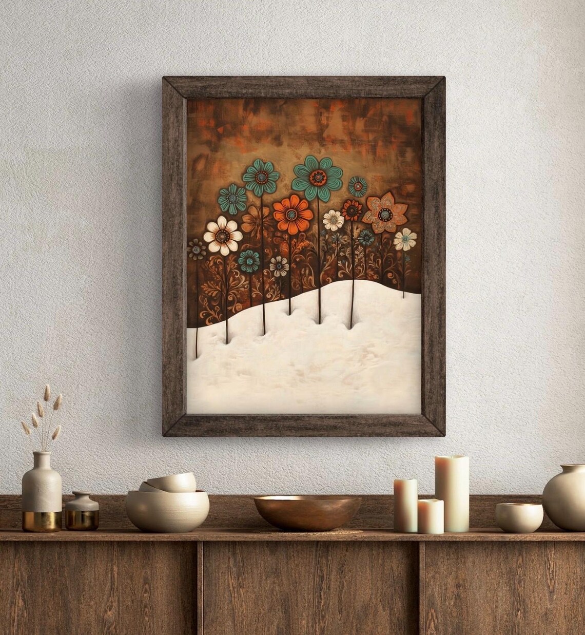 Folk Art Winter Spring Wildflowers On Snow Turquoise Orange Floral Wall Print - Image 5