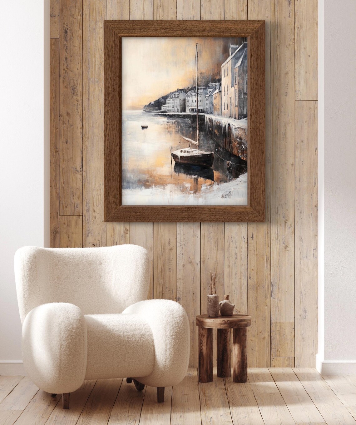 Snowy Harbor Town at Dusk with Sailboat Moody Coastal Winter Wall Art Poster - Image 2