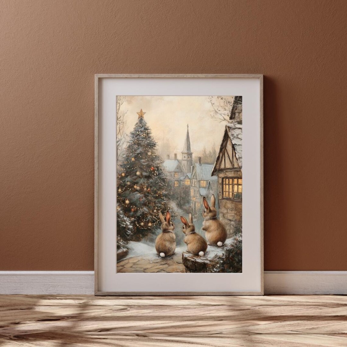 Winter Bunnies and Christmas Tree Vintage Art Print - Image 6