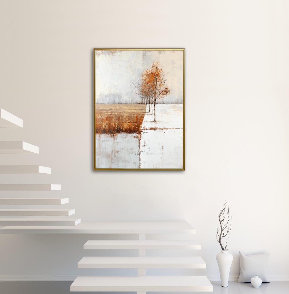 Minimalist Autumn Tree Landscape Abstract White and Rust Tone Wall Art - Image 2