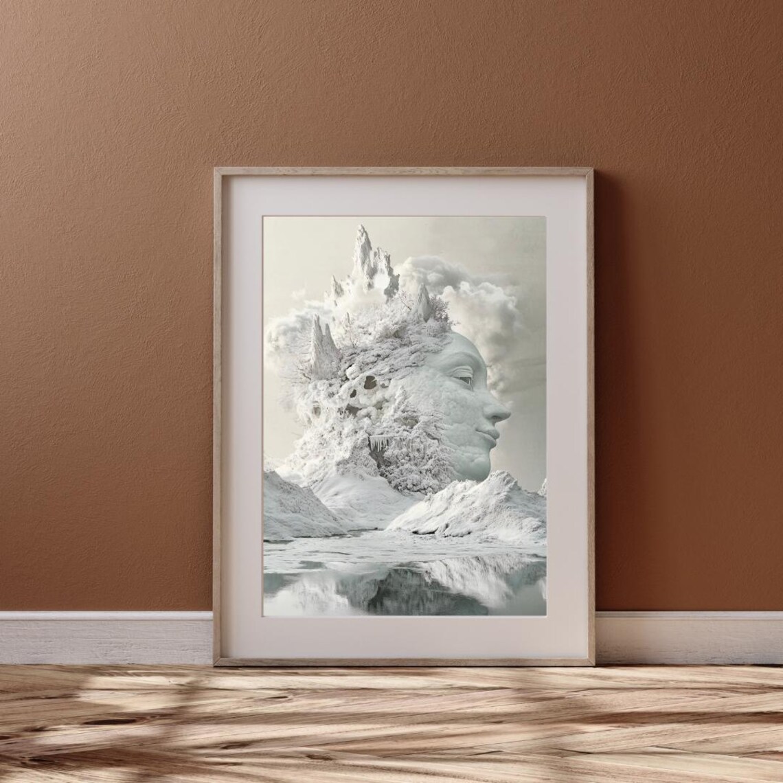 Surrealist Winter Dreamscape Mother Earth Face Emerging From Snowy Mountains Print - Image 4