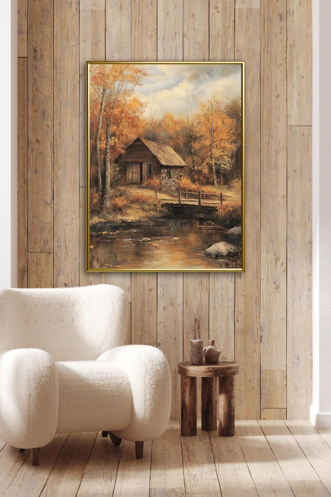 Rustic Wooden Cabin by Creek in Golden Autumn Forest Fall Scene Wall Art - Image 3