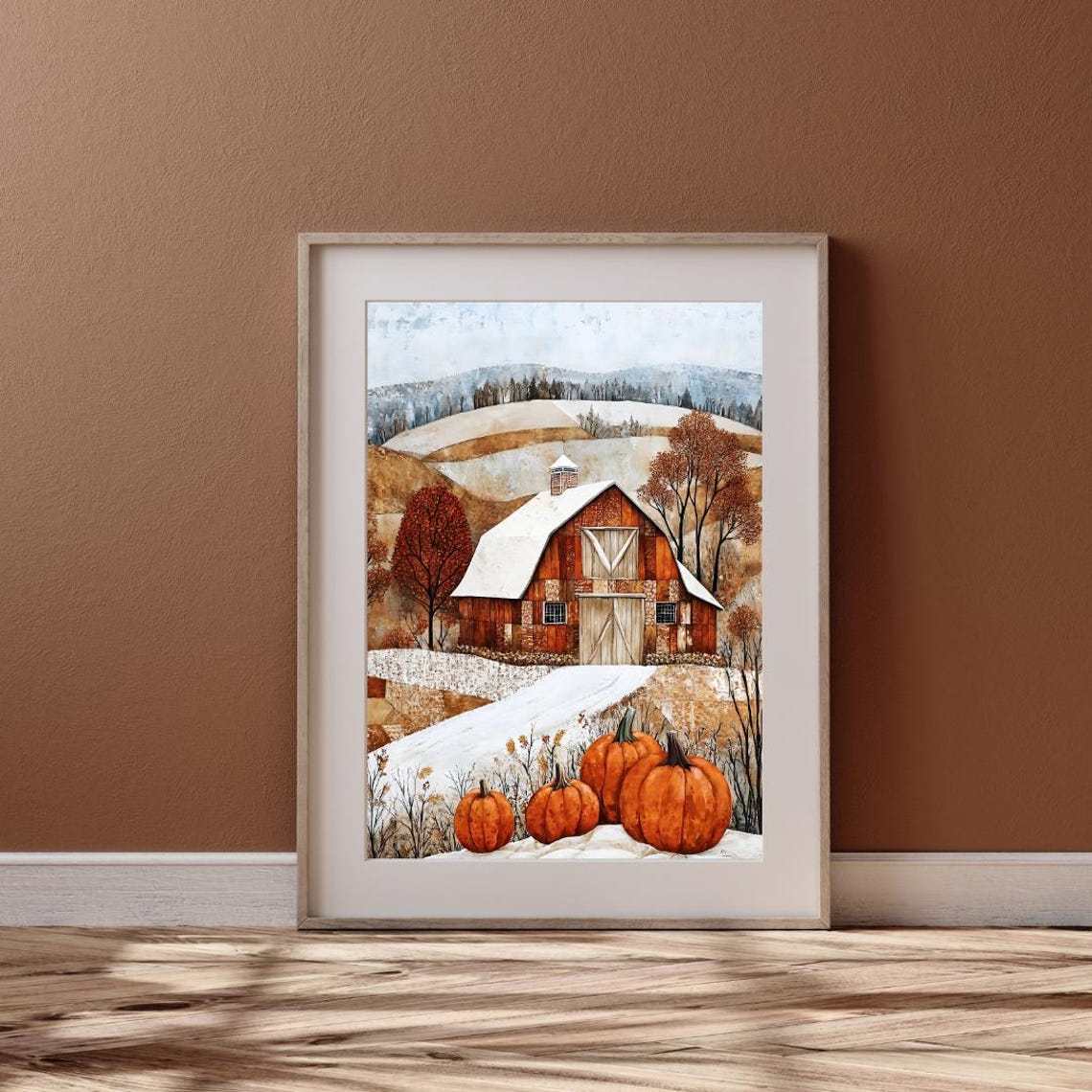 Cozy Rustic Red Barn In Snowy Hills With Pumpkins Folk Art Print - Image 4