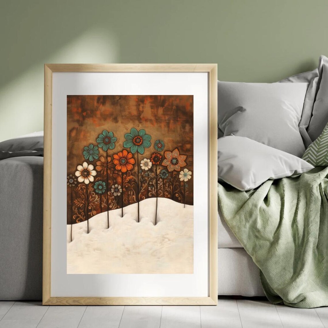 Folk Art Winter Spring Wildflowers On Snow Turquoise Orange Floral Wall Print - Image 4