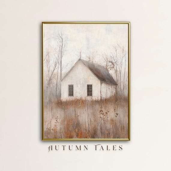 French Cottage Fall Wall Art Print Moody Countryside Gloomy Forest Landscape Autumn Farmhouse Home Decor Cozy Farm Art