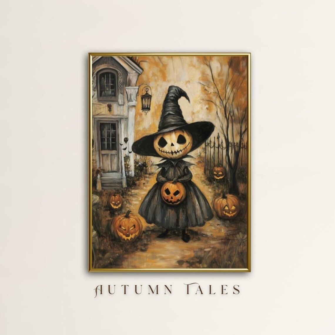 Cute Pumpkin Head Witch Girl With Jack O Lanterns Vintage Halloween Poster