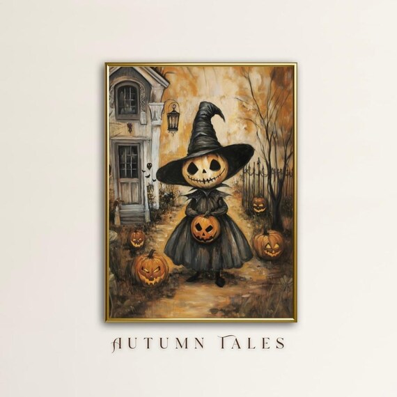Vintage Fall Halloween Wall Art Print Spooky Pumpkins And Witch Prontable Moody Dark Academia Haunted House Home Decor