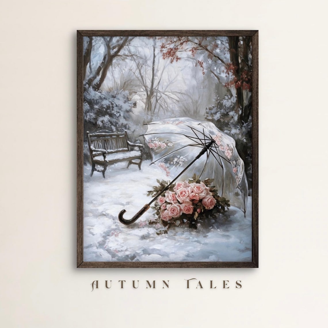 Pink Roses Under Transparent Umbrella in Snowy Garden Romantic Wall Art Poster