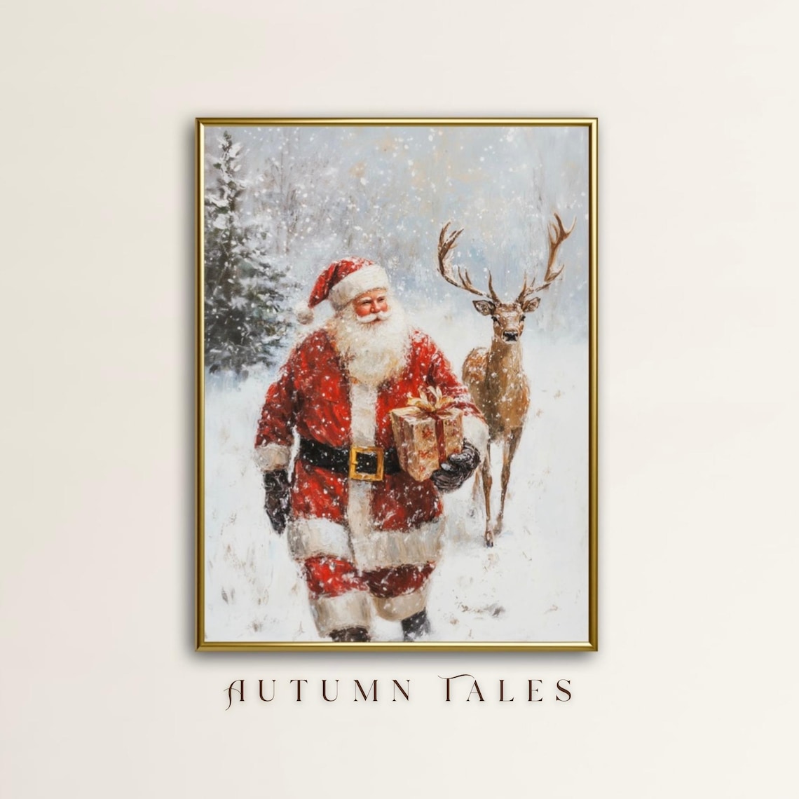 Vintage Santa Claus Reindeer Snowy Forest Christmas Wall Art