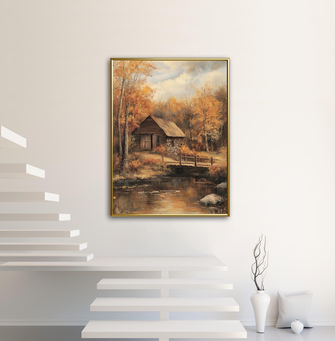 Rustic Wooden Cabin by Creek in Golden Autumn Forest Fall Scene Wall Art - Image 2