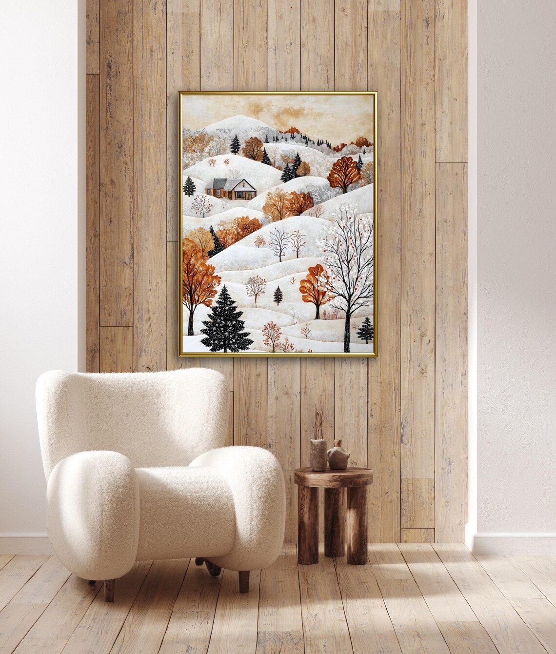 Folk Art Snowy Hillside Farmhouse In Winter Landscape Art Print - Image 3