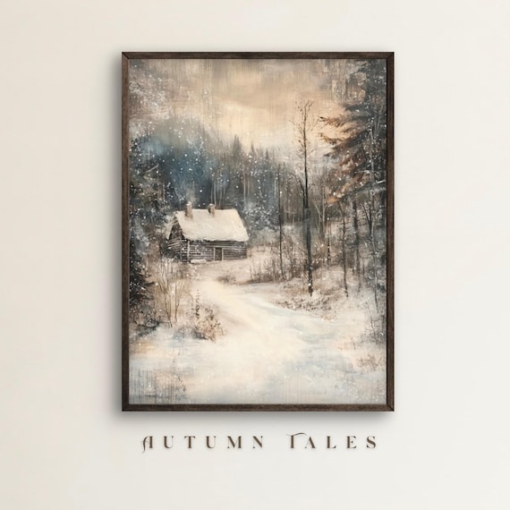 Moody Winter Forest Cottage Wall Art Print Vintage Snow Covered Landscape Rustic Farmhouse Christmas Wall Decor