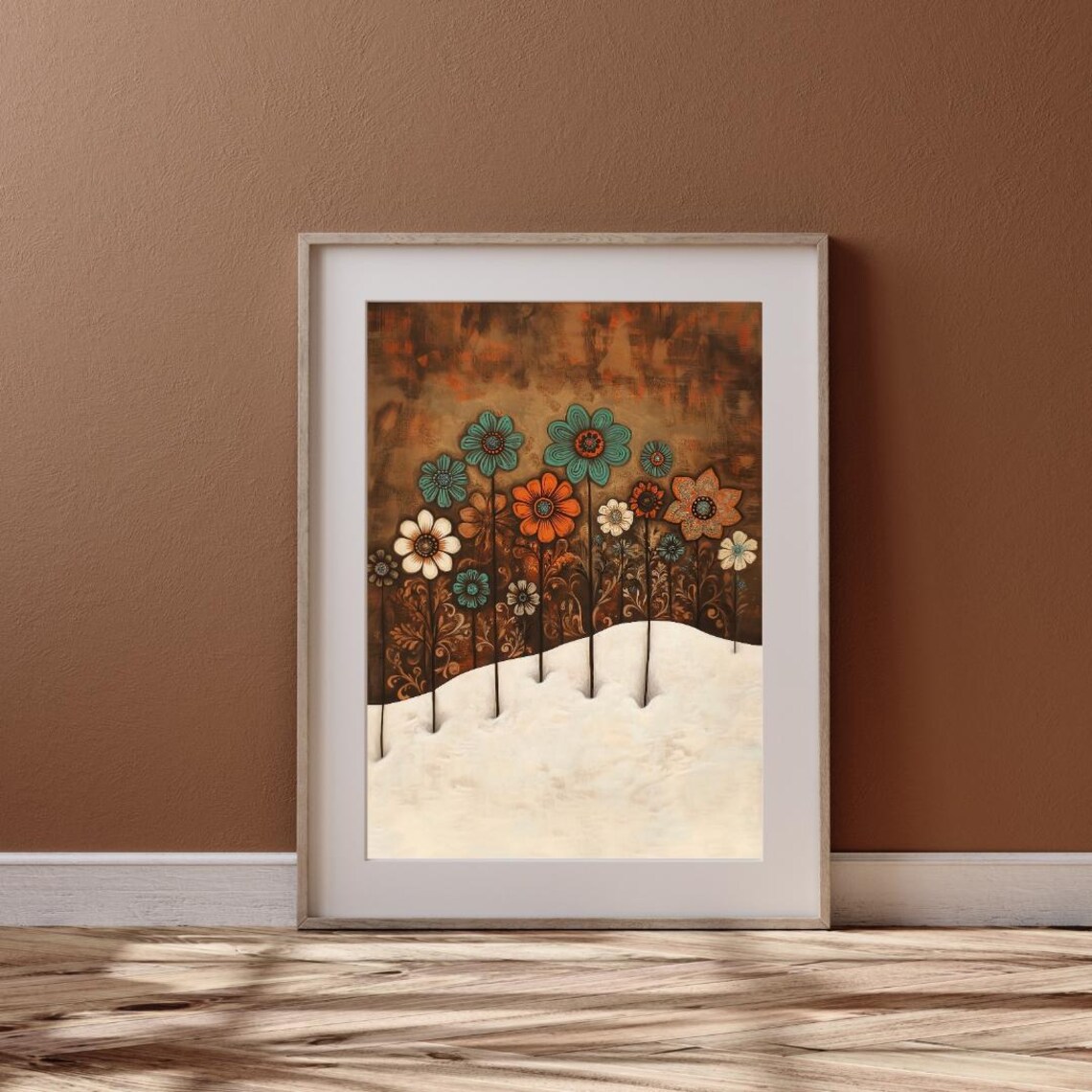Folk Art Winter Spring Wildflowers On Snow Turquoise Orange Floral Wall Print - Image 6