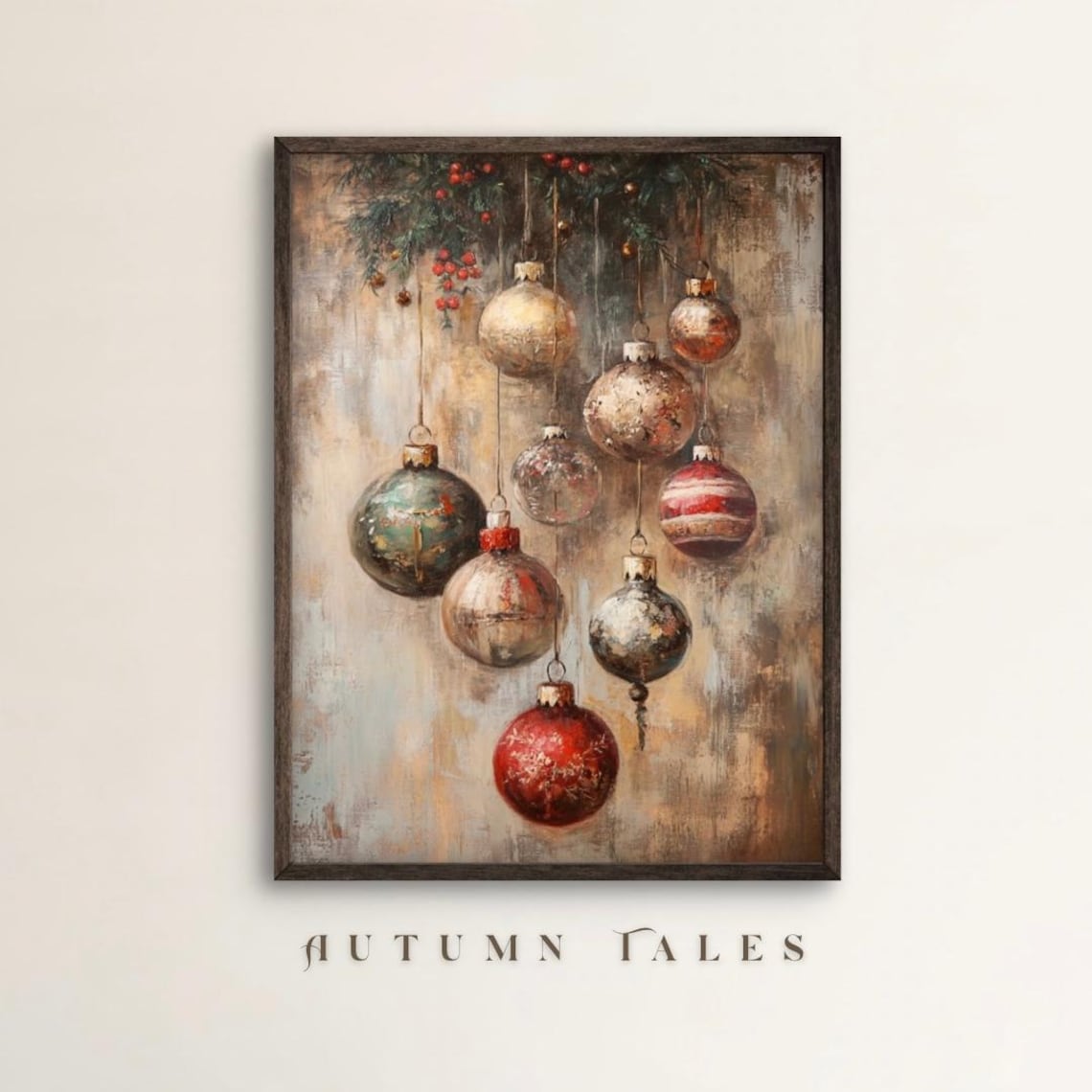 Vintage Christmas Ornaments Art Print, Rustic Holiday Decor - Image 4