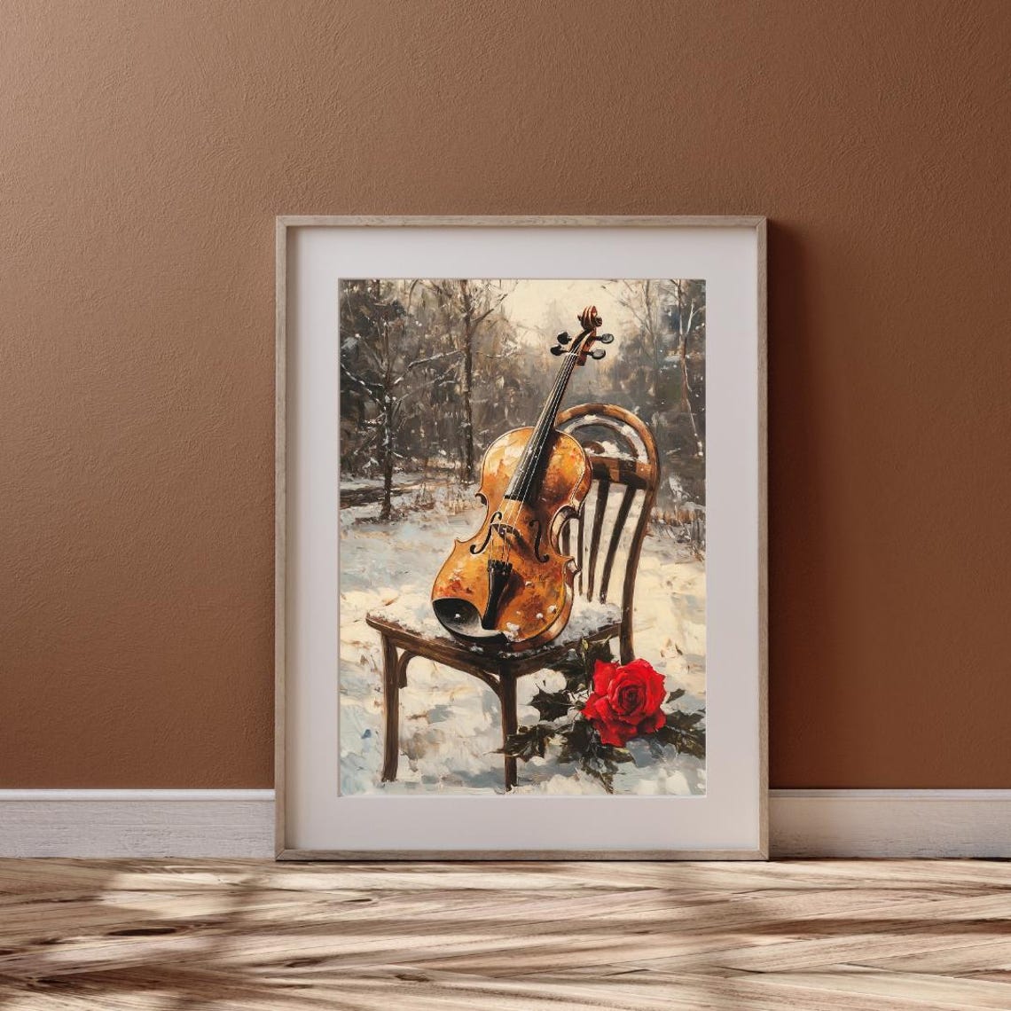 Violin on Snowy Forest Chair Red Rose Winter Music Art Poster - Image 6