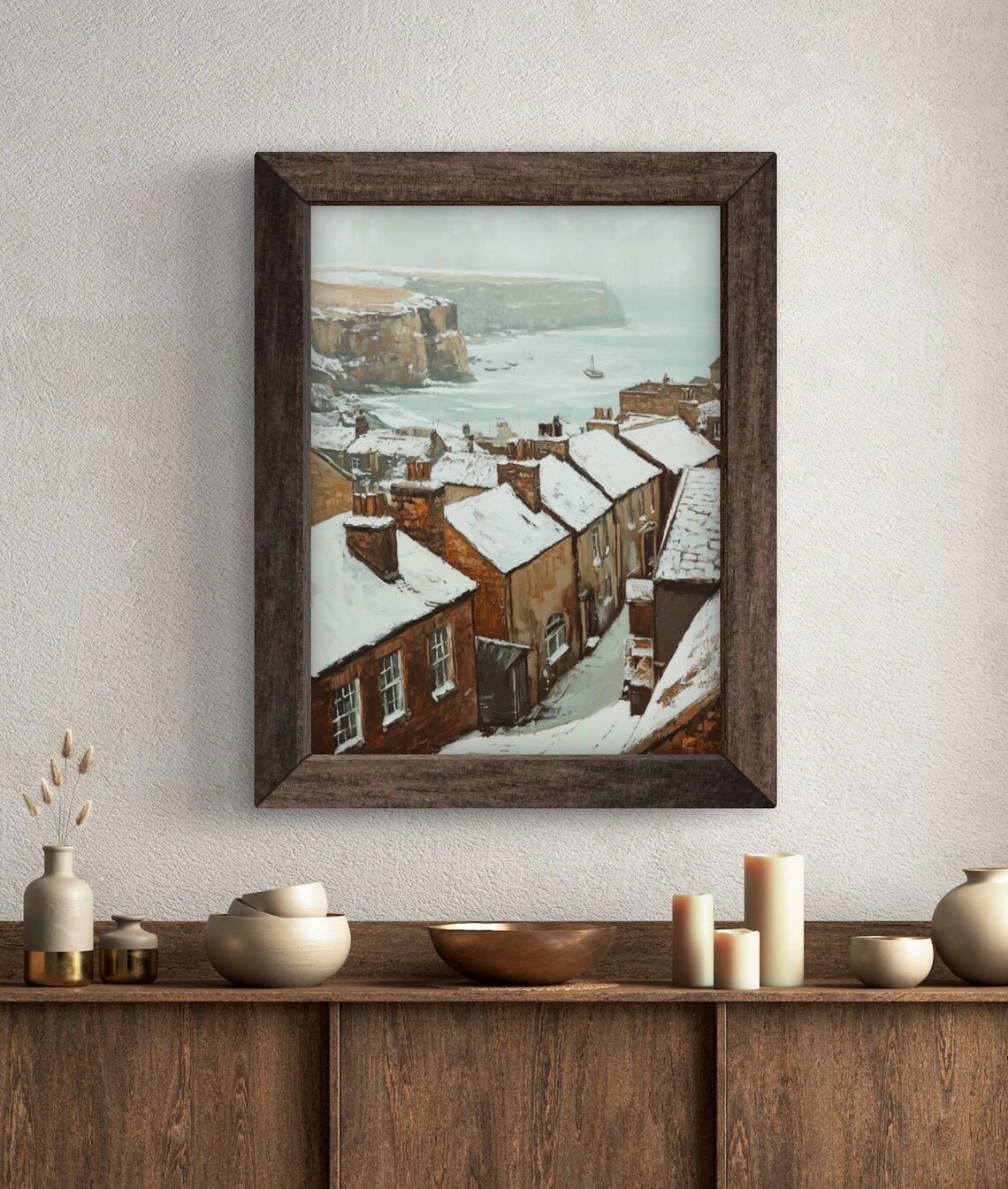Old English Fishing Village in Snow with Coastal Cliffs Vintage Wall Art Poster - Image 5